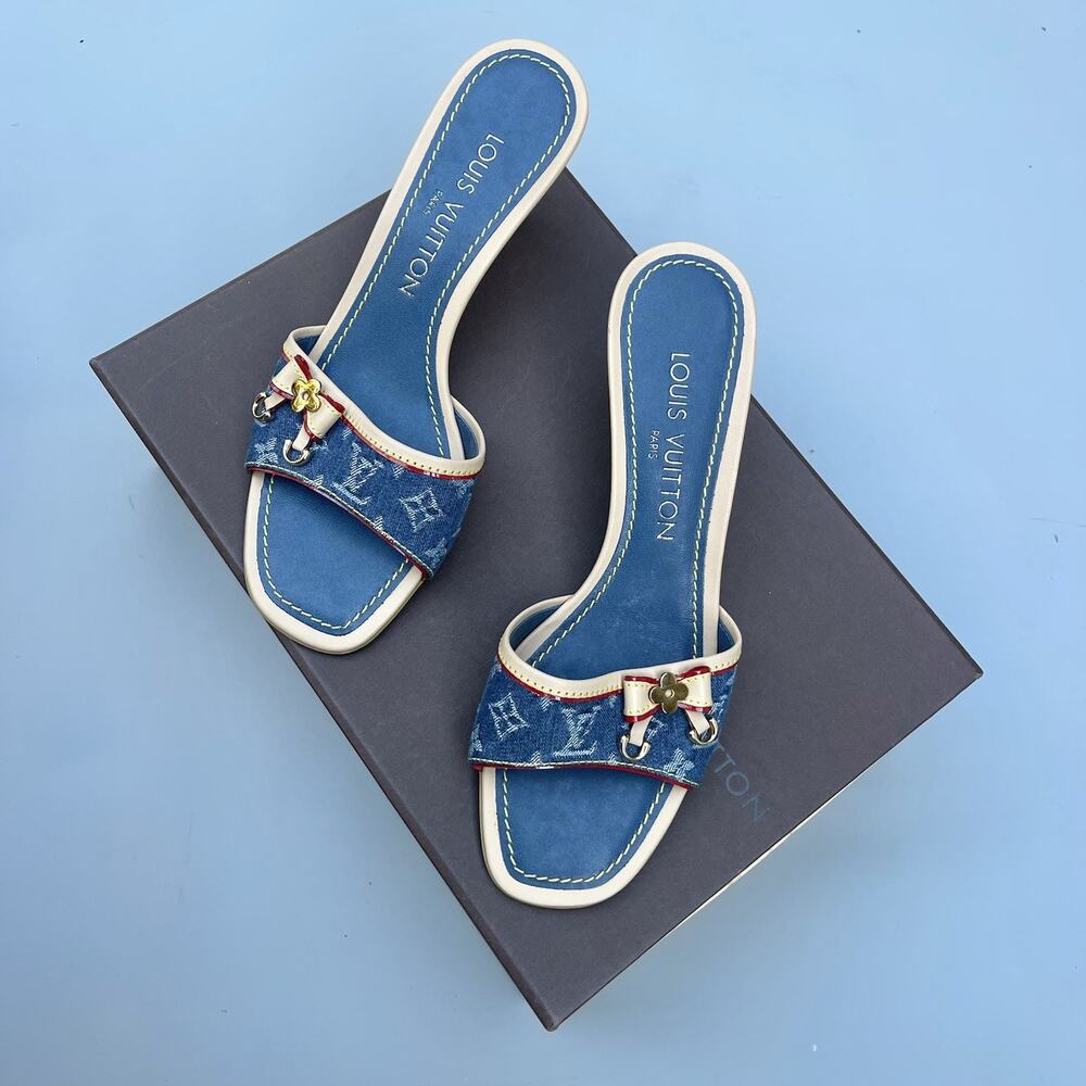 Louis Vuitton Blue Monogram Denim Kitten Heels Mules Slides Size EU 36